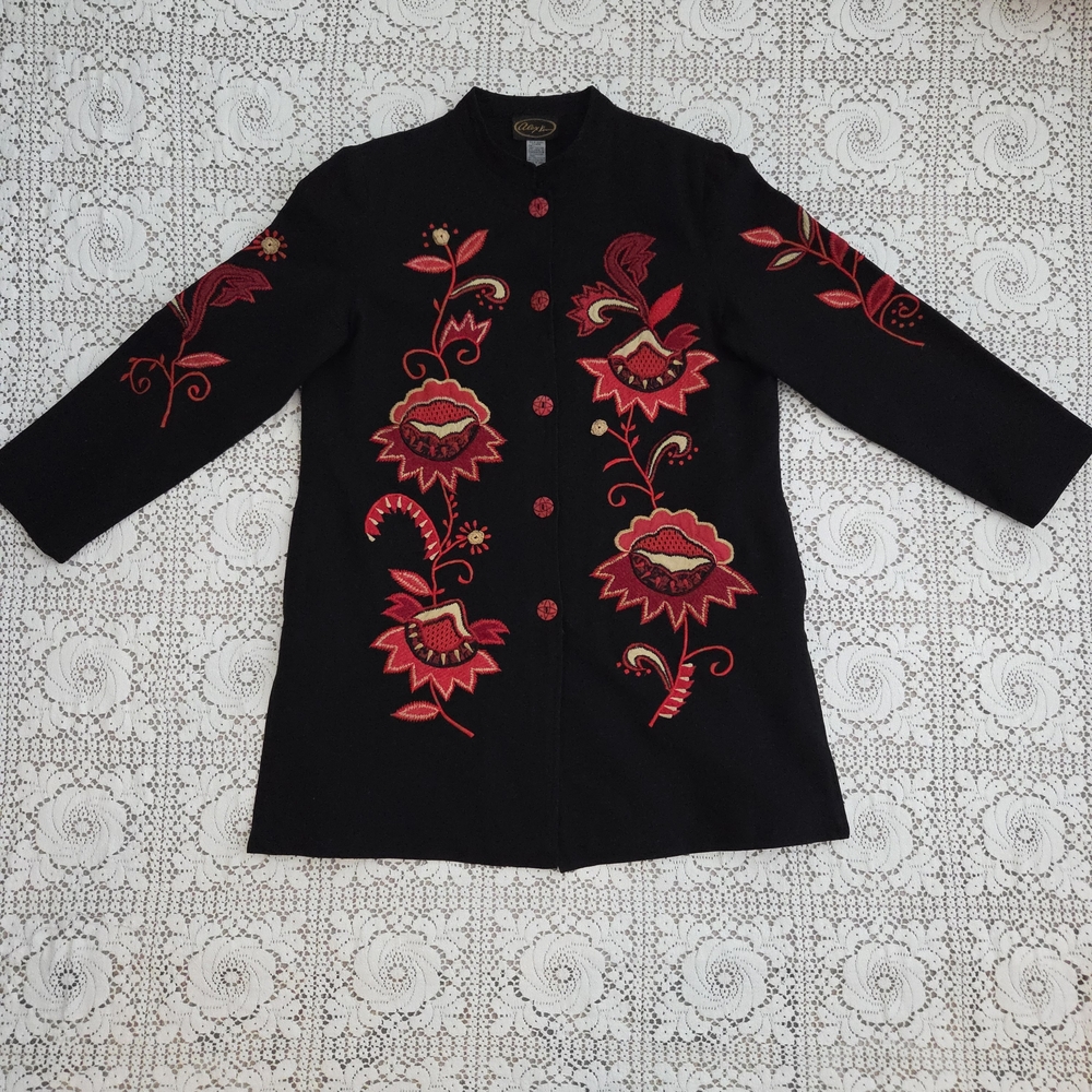 Vintage Alex Kim Black Jacket with Red Floral Embroidery Size Large - Picture 5 of 10